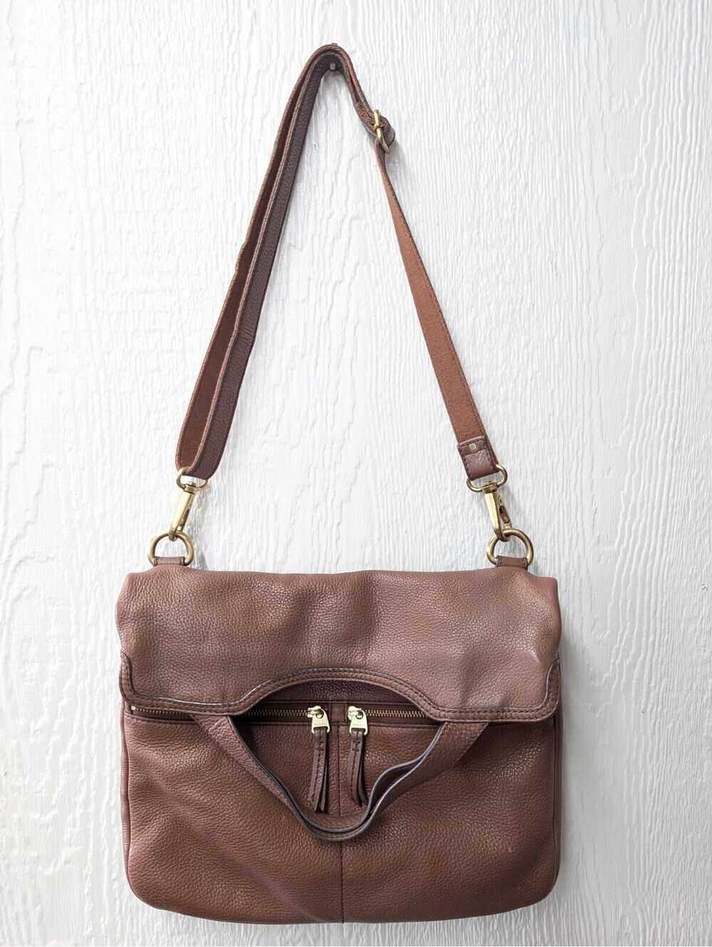 FOSSIL Erin Foldover Brown Pebbled Leather Convertible Crossbody Handbag